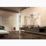 gresie Marmocrea venato Gold 60x60 cm – ambient baie, baie moderna cu dus, dublu lavoar si pardoseala maro lucioasa
