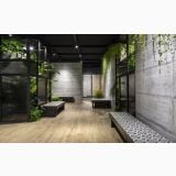 Gresie Timewood Honey 30x120 cm – ambient hol, coridor cu plante verzi si pereti beton, banci mozaic, pe pardoseala