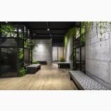 Gresie Timewood Flip Mosaic Honey 29x29 cm – ambient hol, hol cu plante, bancute mozaic si pardoseala lemn deschis