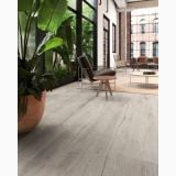 Gresie Timewood Natur 30x180 – ambient living, living modern cu plante, scaune si masuta cafea, pe pardoseala
