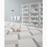Gresie Digitalart White 15x60 cm – ambient living, living cu etajera ceramica si pardoseala in carouri