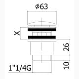 Ventil Lavoar/Bideu Paffoni Click Clack Cromat – schita tehnica, desen tehnic cu dimensiuni ventil filet 1 1/4G
