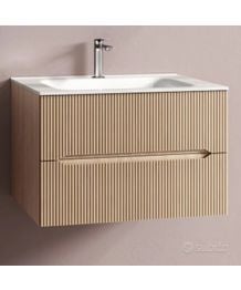 Mobilier baie suspendat Easy - Finisaj Teak Sabbiato | Dimensiuni: 60x45x46 cm | Lavoar ceramic inclus | Material MDF ecologic | Fabricat 100% în Italia.