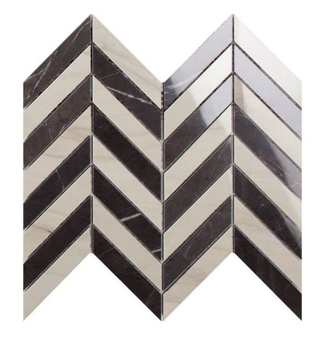 Mozaic pe plasa Mosaico Chevron Calacatta Mont Blanc Pietra Grey 26x30 cm
