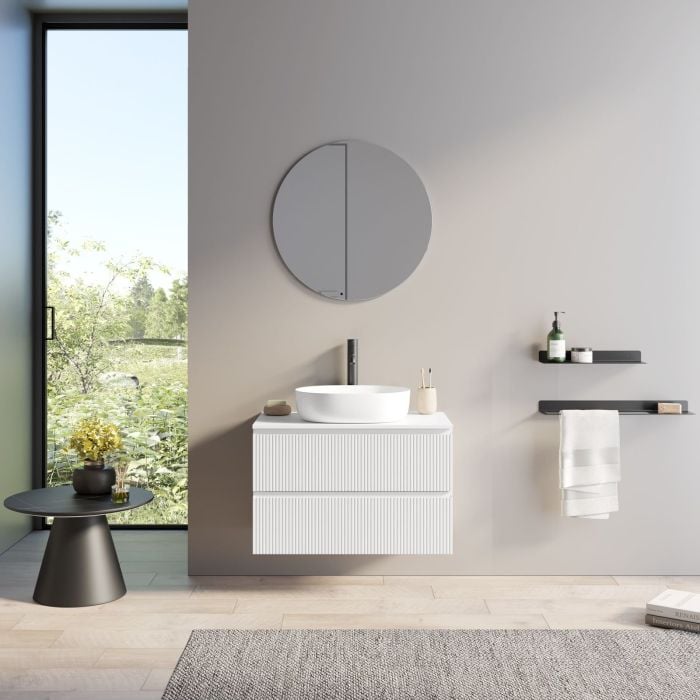 Set Mobilier Baie Alb Riflat Cu Doua Sertare L.80 cm