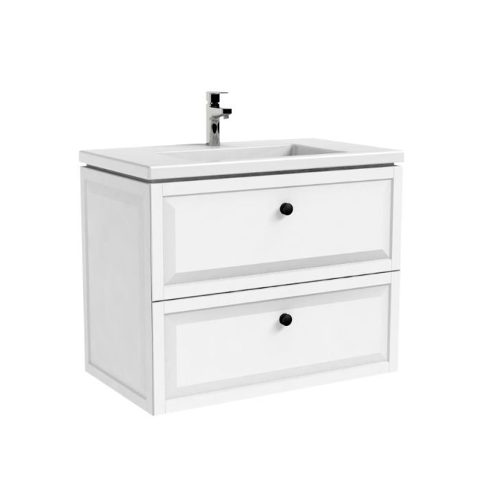 Set Mobilier Supendat Oristo Montebianco cu Lavoar Marmura Compozit Beryl Finisaj Alb Mat 80 cm