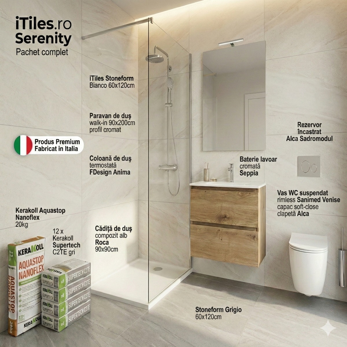 mobilier baie clasic Pachet Baia Gata Serenity - Gresie Faianta Sanitare Mobilier Dus Complet 4.5-6.5 mp