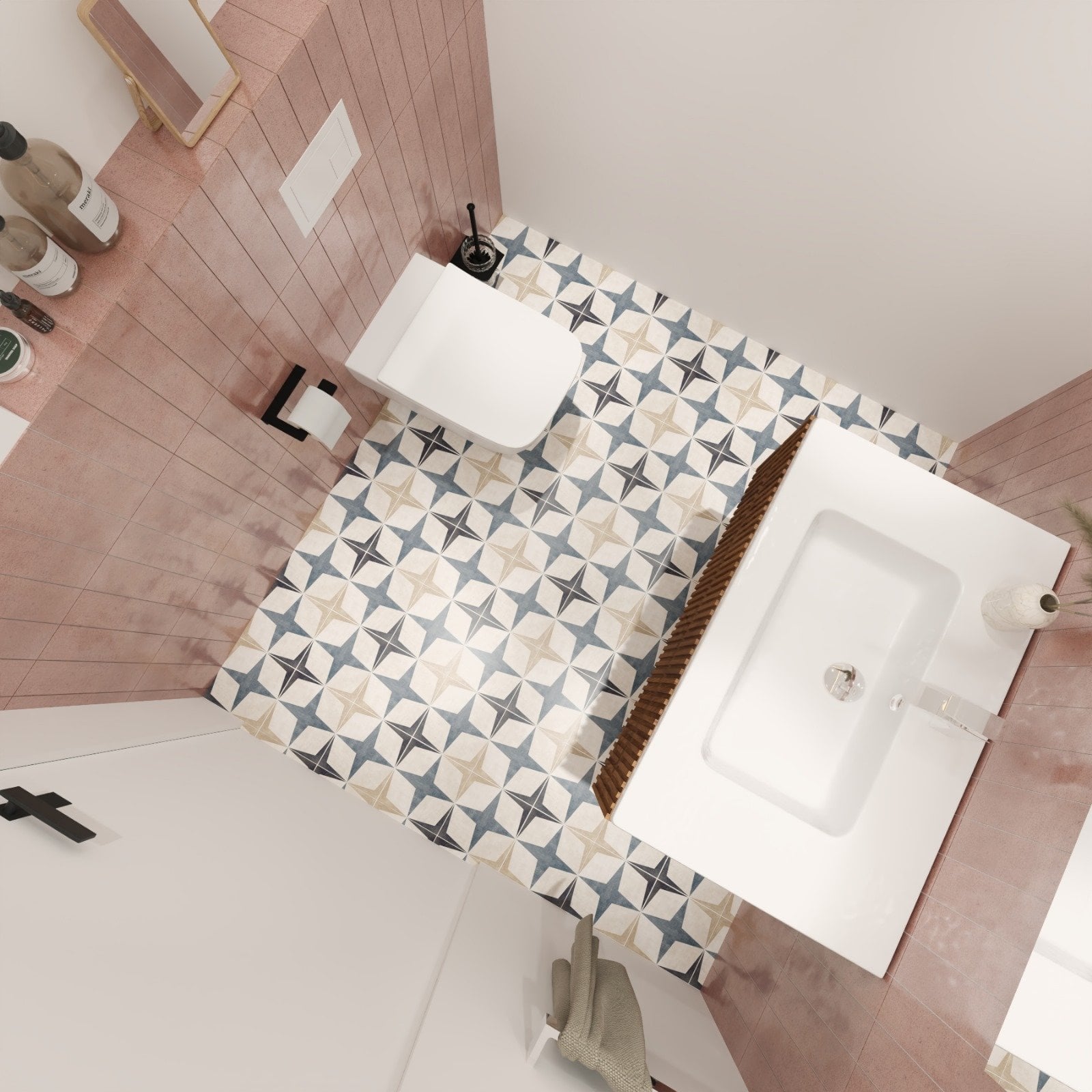 Baie eclectic-urbană cu accente roz | Inspirație Baie Modern
