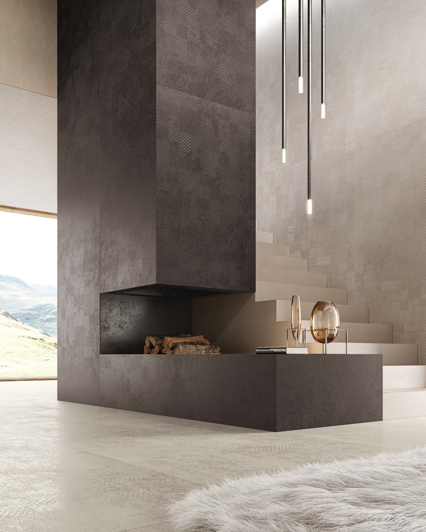 Living modern cu șemineu texturat | Inspirație Baie Modern