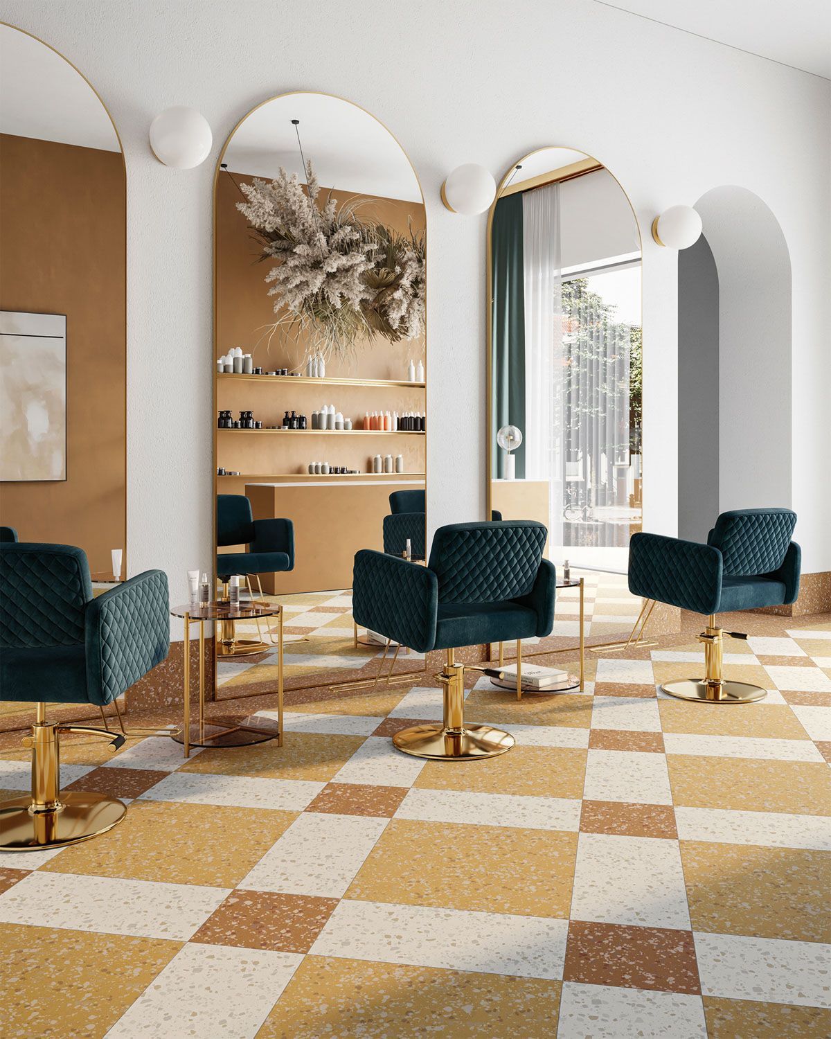Salon vibrant cu accente terrazzo | Inspirație Baie Minimalist