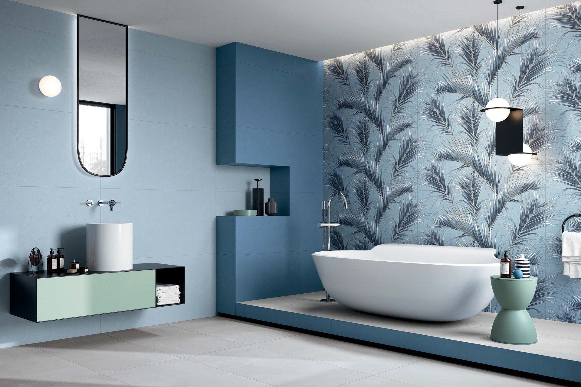 Baie tropicală în tonuri reci | Inspirație Baie Modern