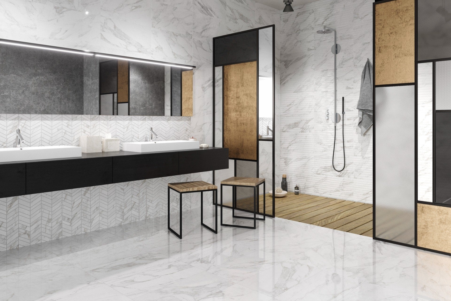 Baie modernă cu accente aurii | Inspirație Baie Minimalist