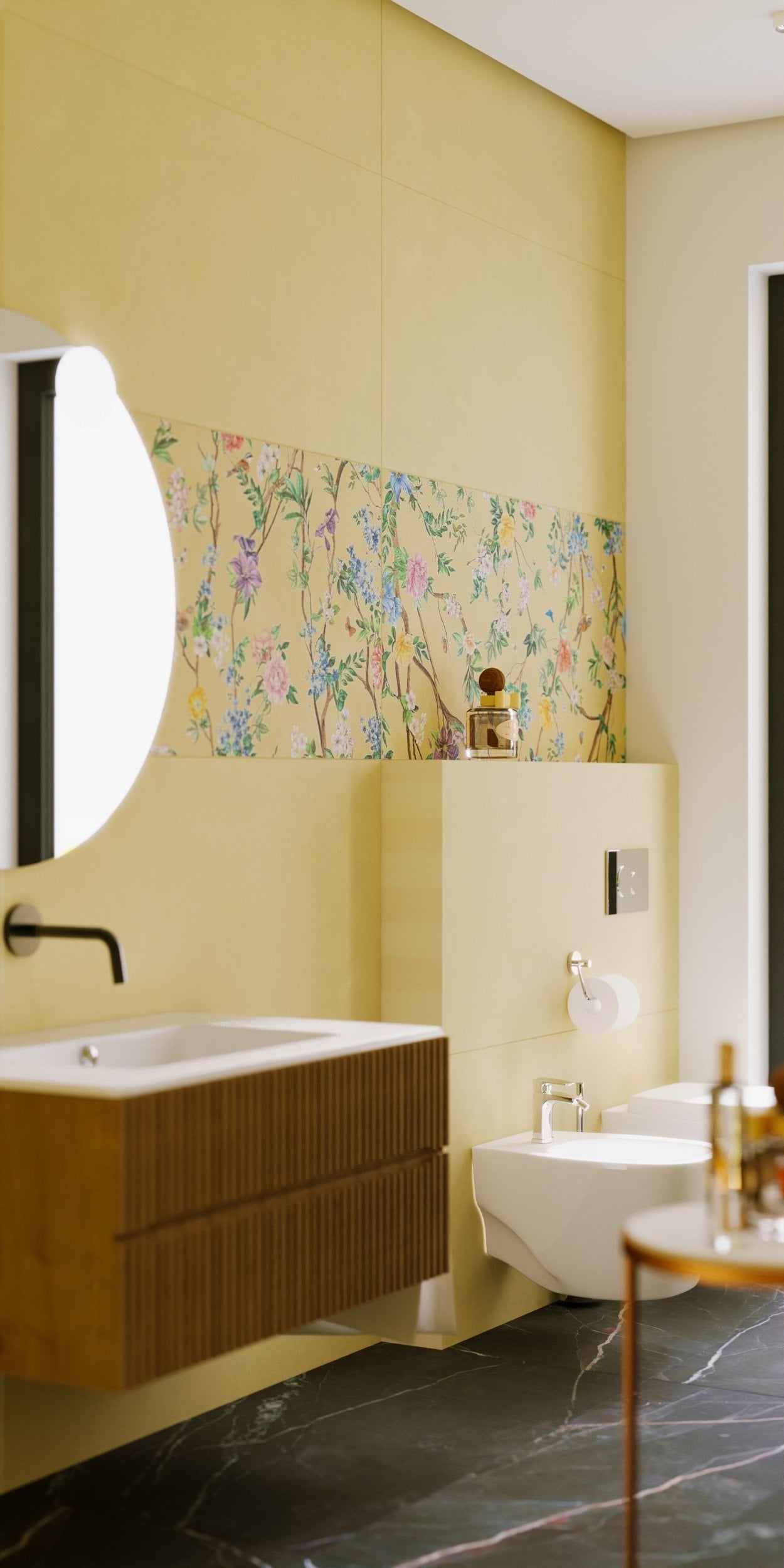 Baie primăvăratică în tonuri calde | Inspirație Baie Minimalist