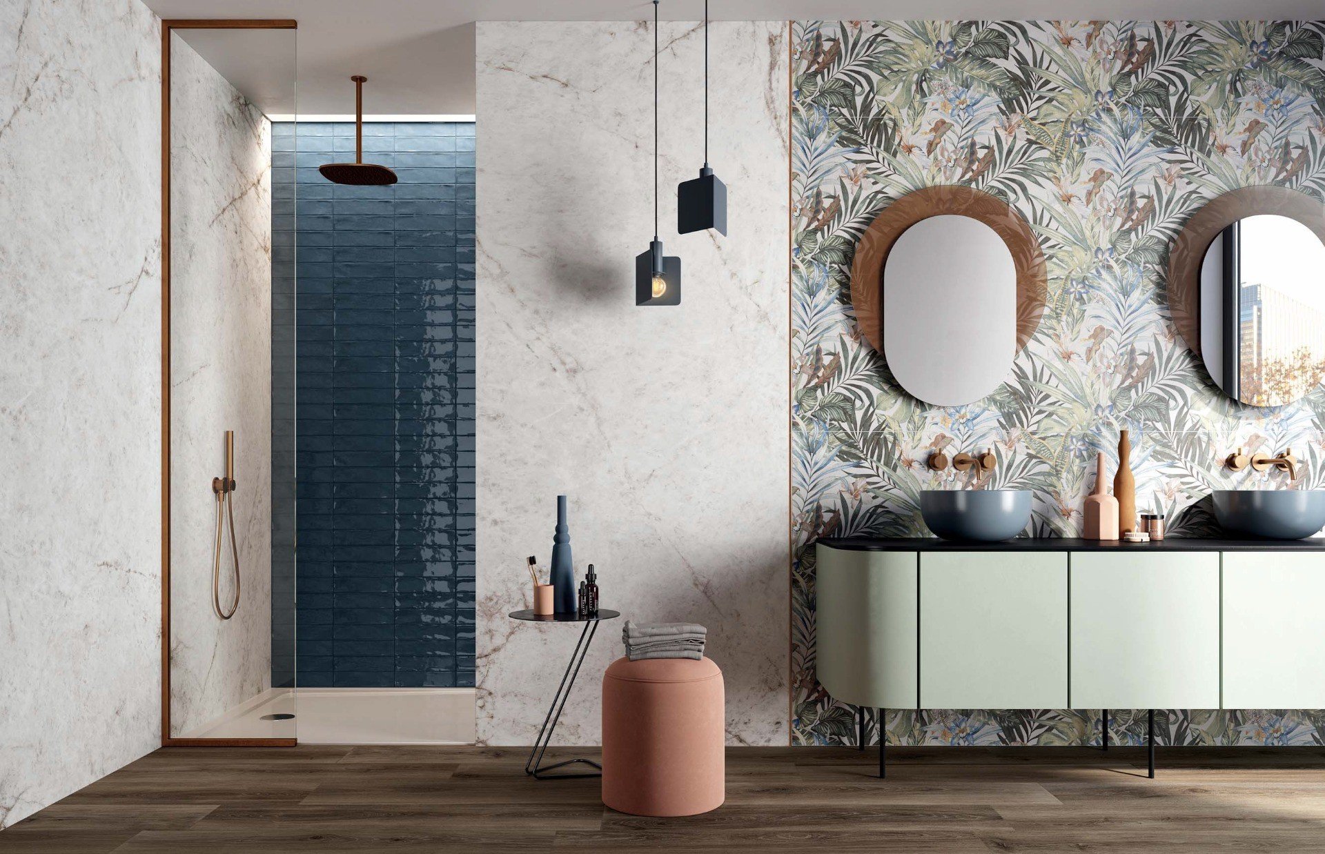 Baie tropicală cu accente marmorate | Inspirație Baie Modern