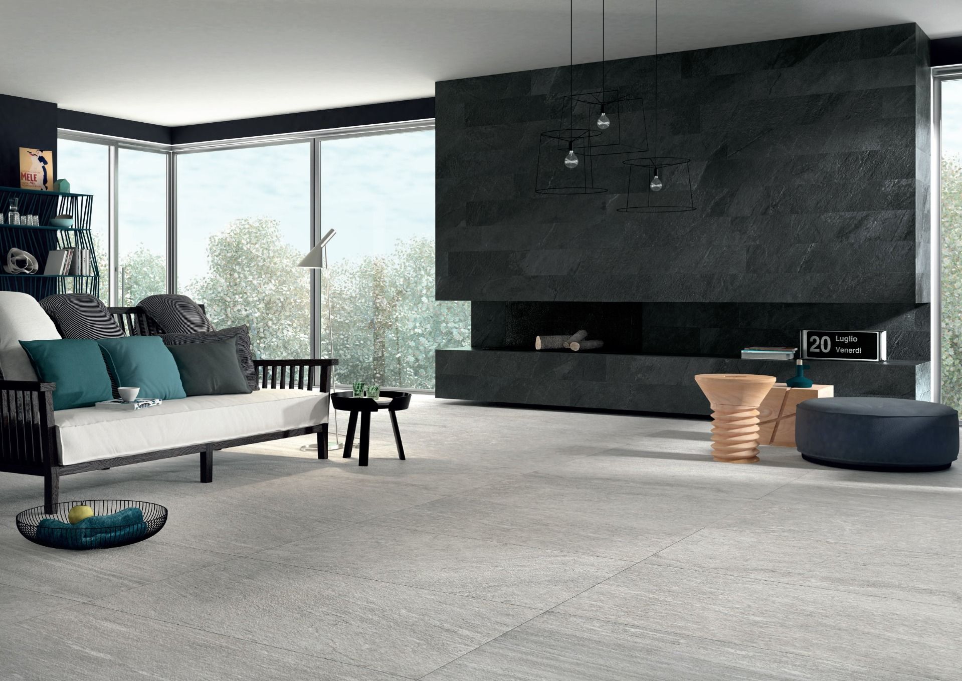 Living minimalist cu șemineu sculptat | Inspirație Baie Modern