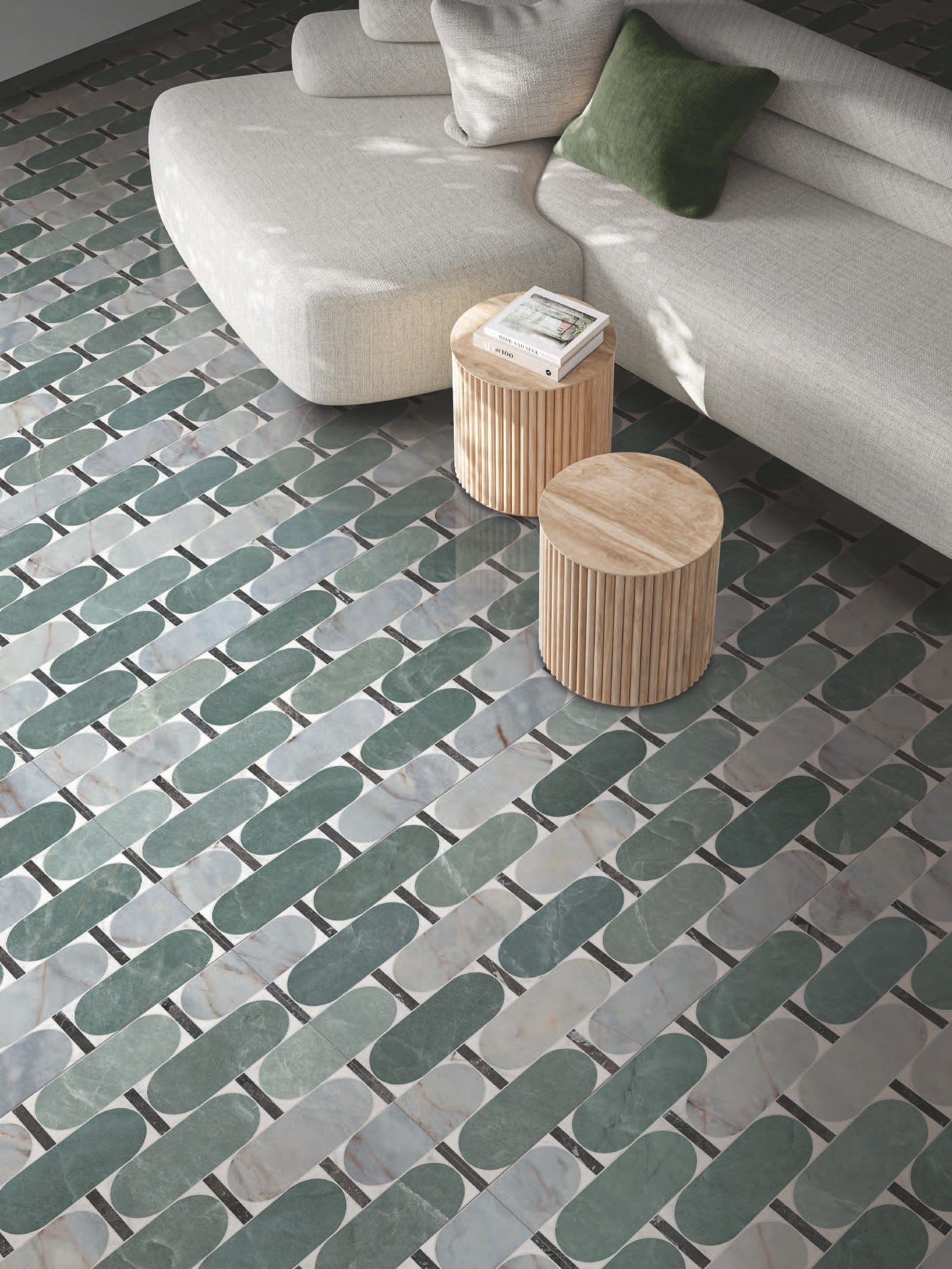 Living cu ritmuri de marmură verde | Inspirație Baie Modern