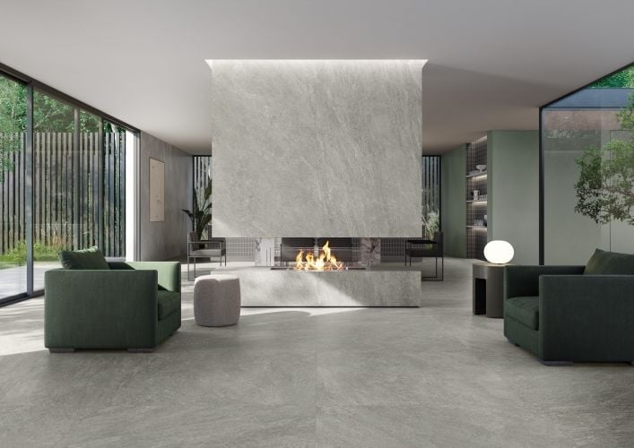 Living minimalist cu șemineu sculptural | Inspirație Living Modern
