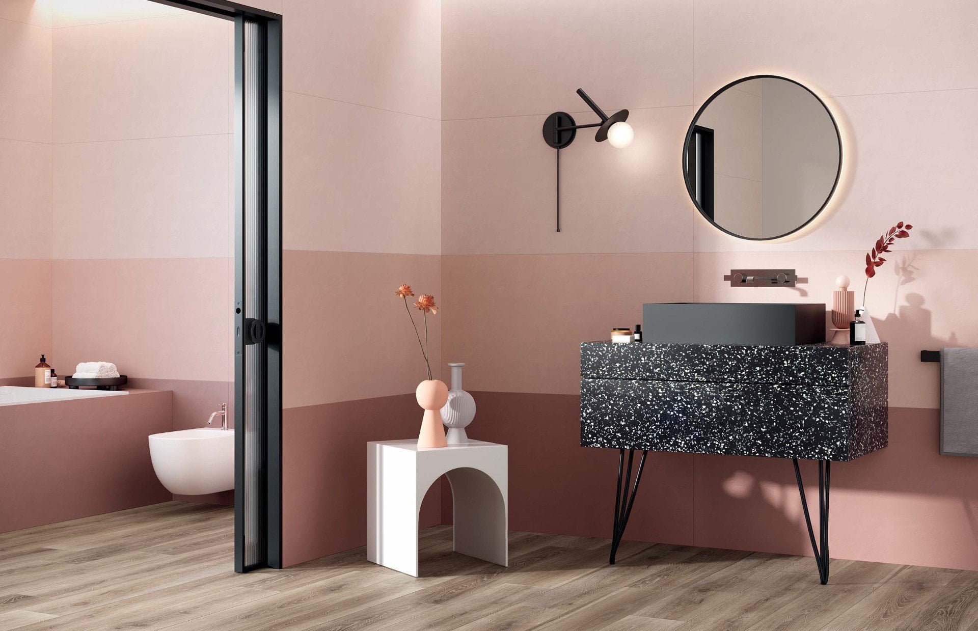 Baie modernă în roz cald | Inspirație Baie Modern