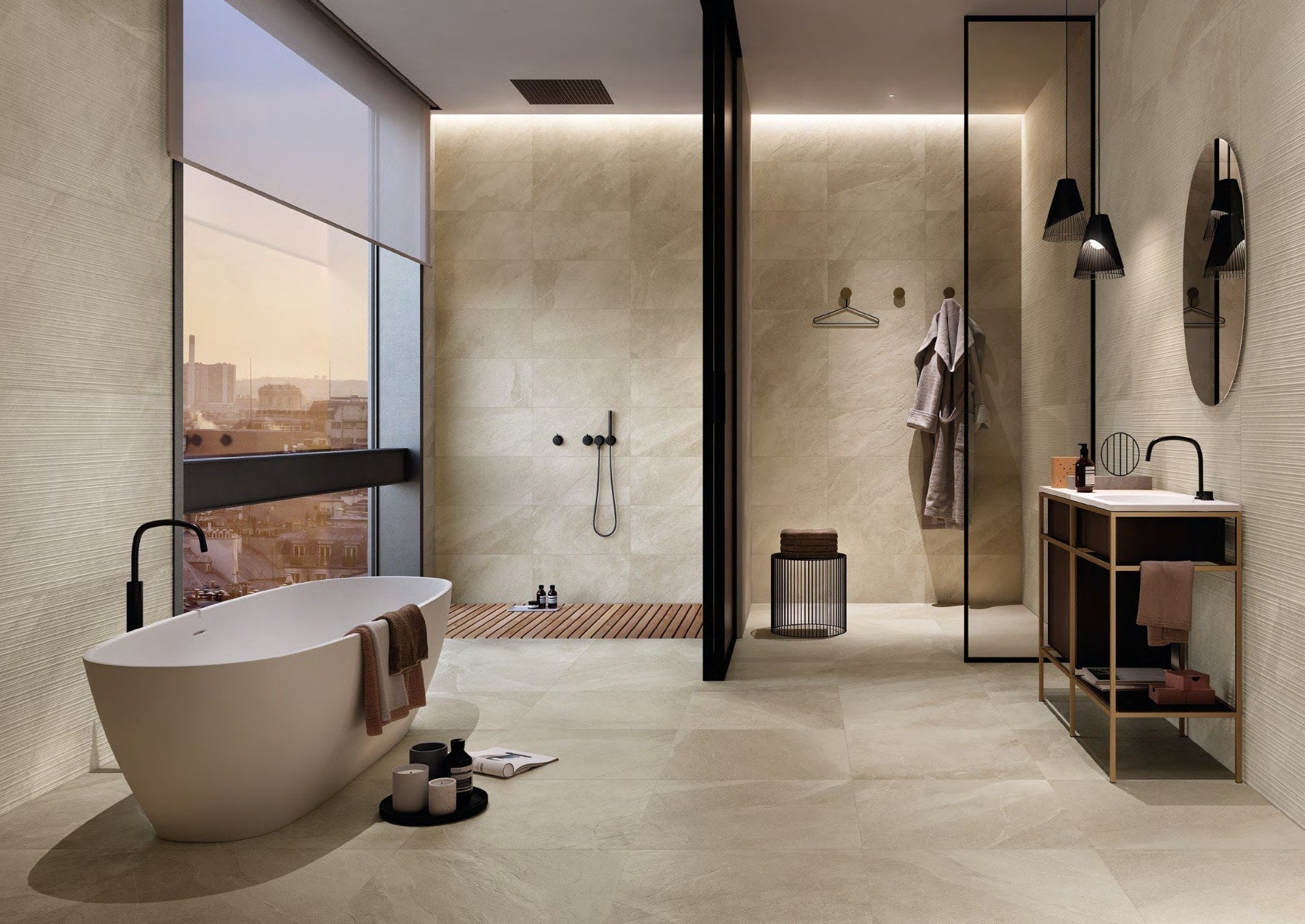 Baie urbană cu răsărit | Inspirație Baie Minimalist