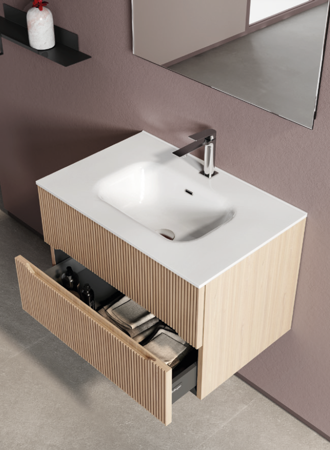 Baie modernă cu lemn texturat | Inspirație Baie Modern