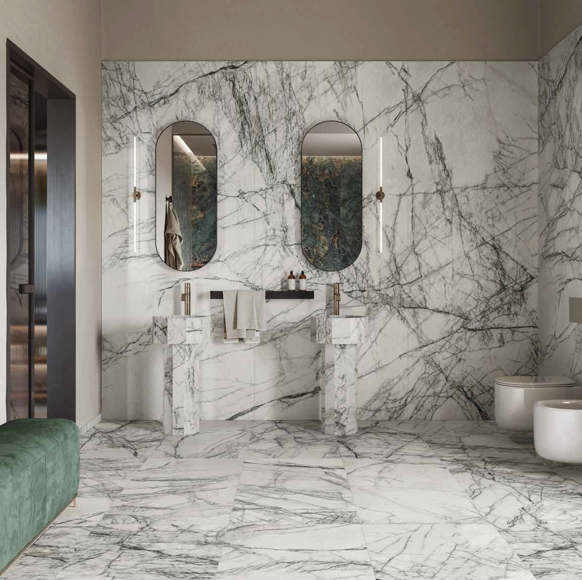 Baie modernă în marmură venată | Inspirație Baie Modern