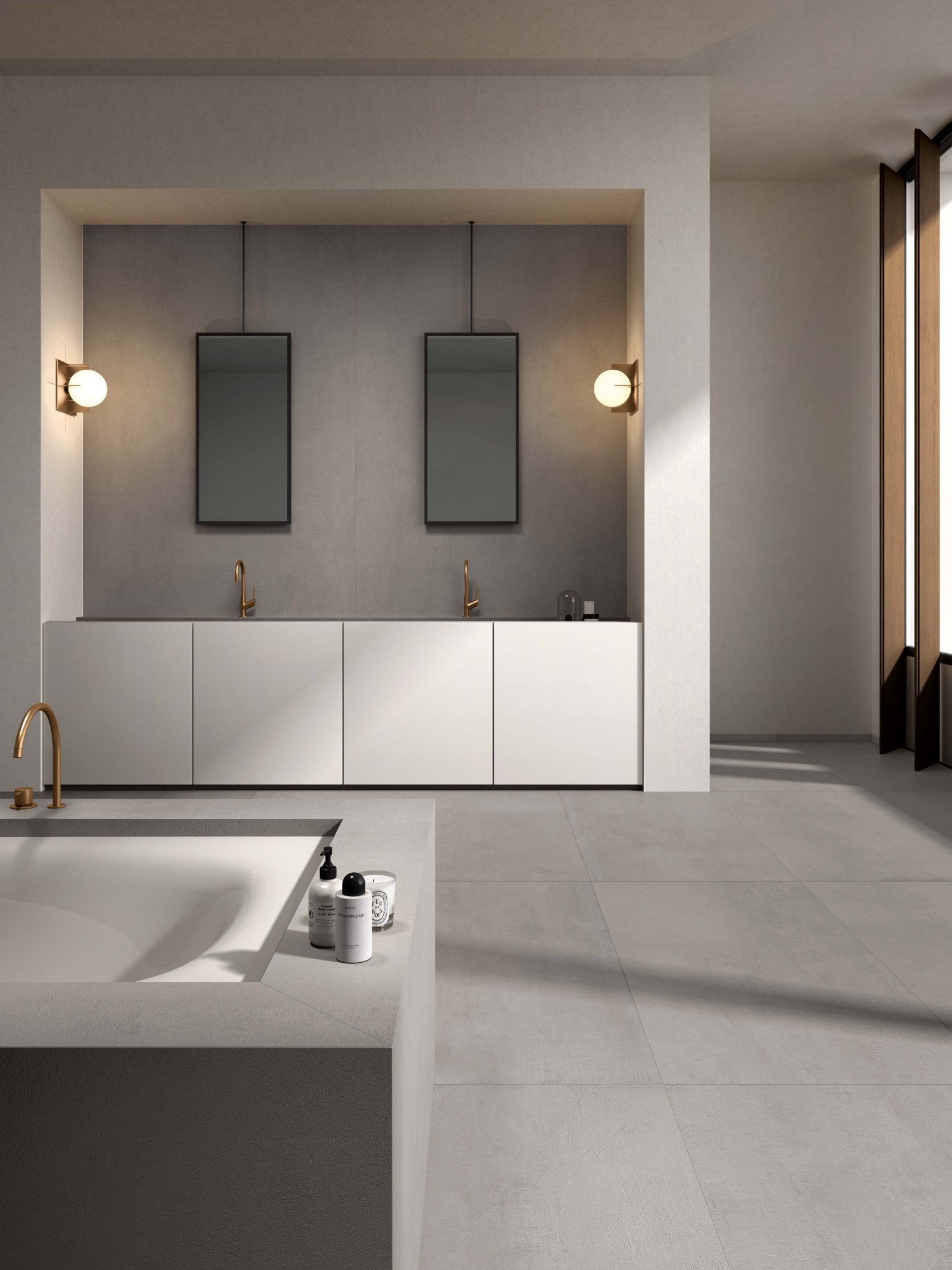 Baie spațioasă în tonuri de beton | Inspirație Baie Modern
