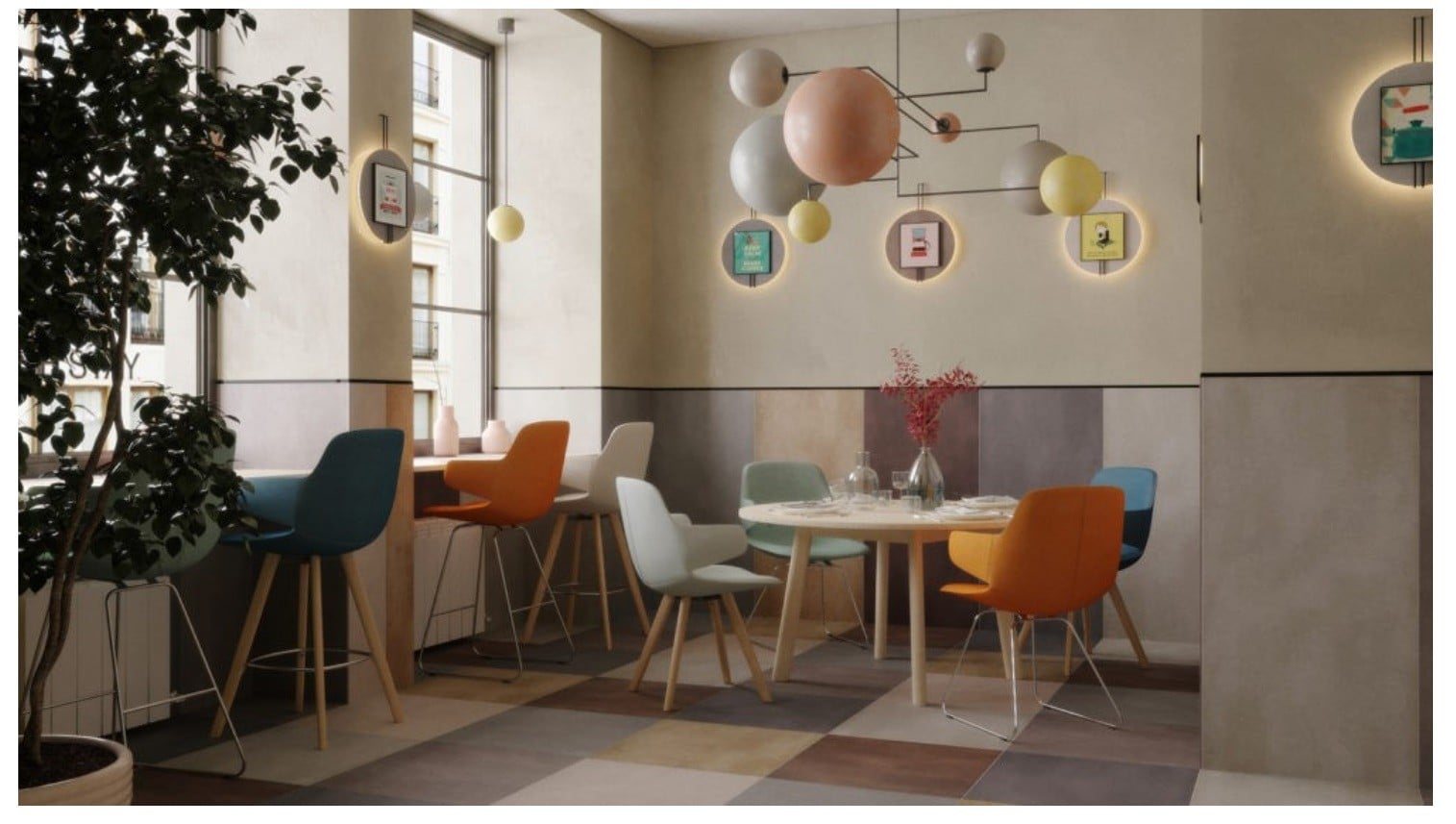 Cafenea urbană, accente pastelate | Inspirație Baie Industrial
