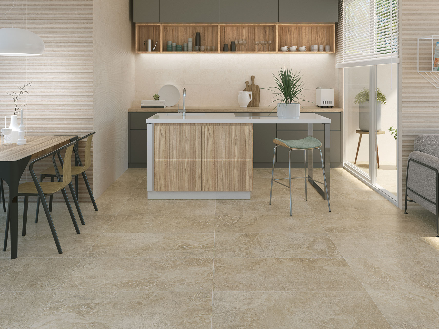 Bucătărie deschisă cu lumini calde | Inspirație Baie Modern