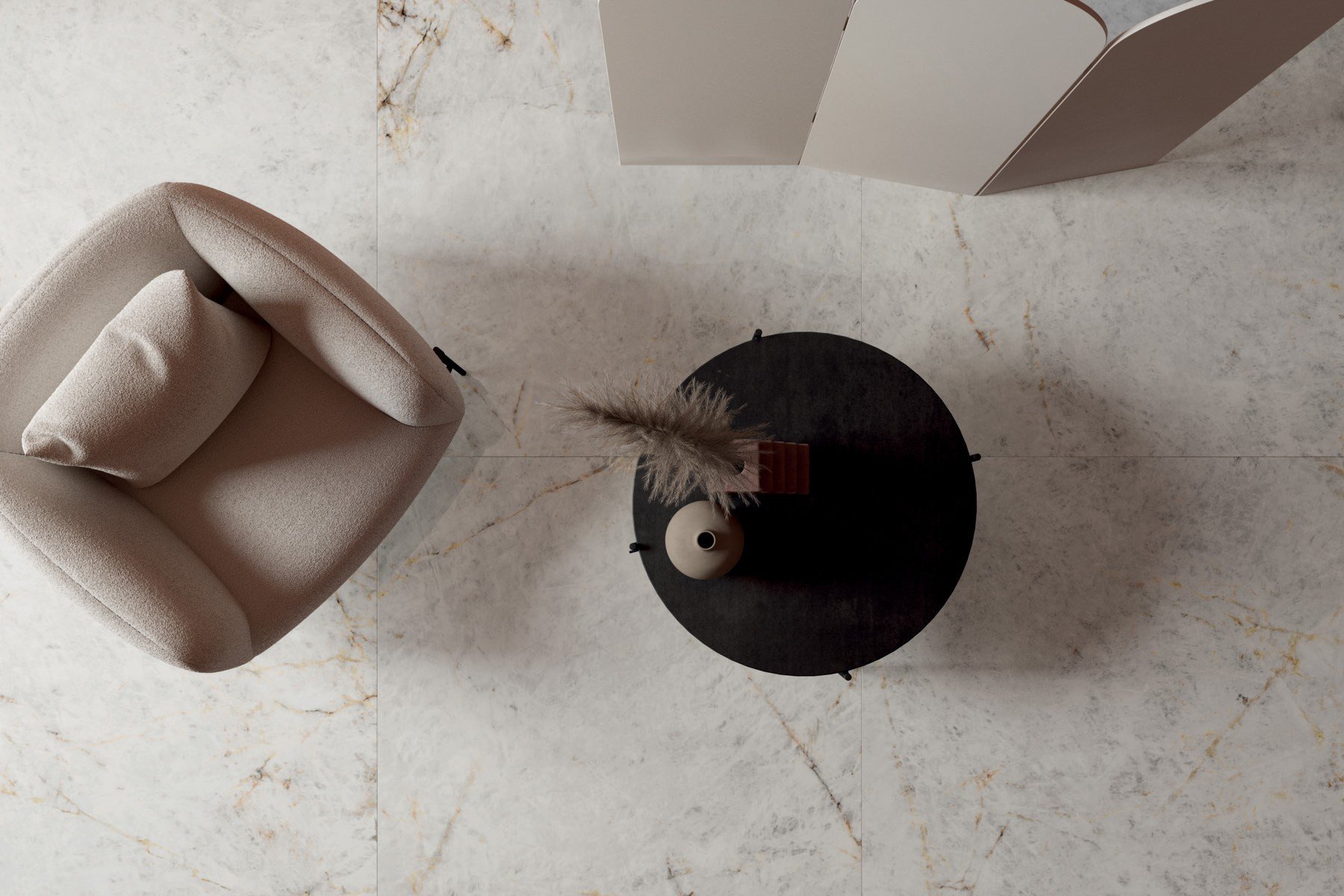 Living minimalist în marmură deschisă | Inspirație Baie Modern