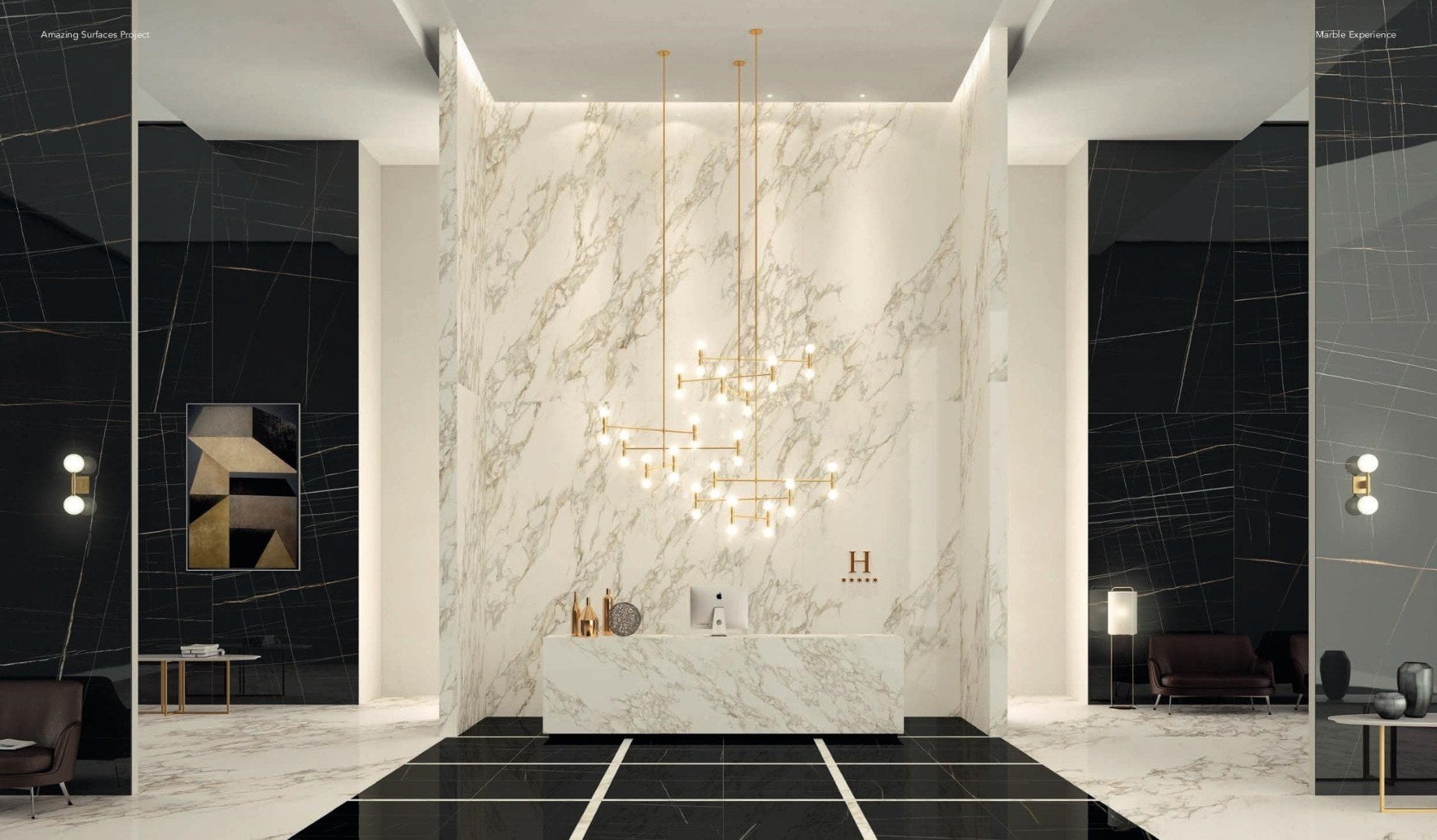 Hol de hotel în marmură dramatică | Inspirație Baie Modern