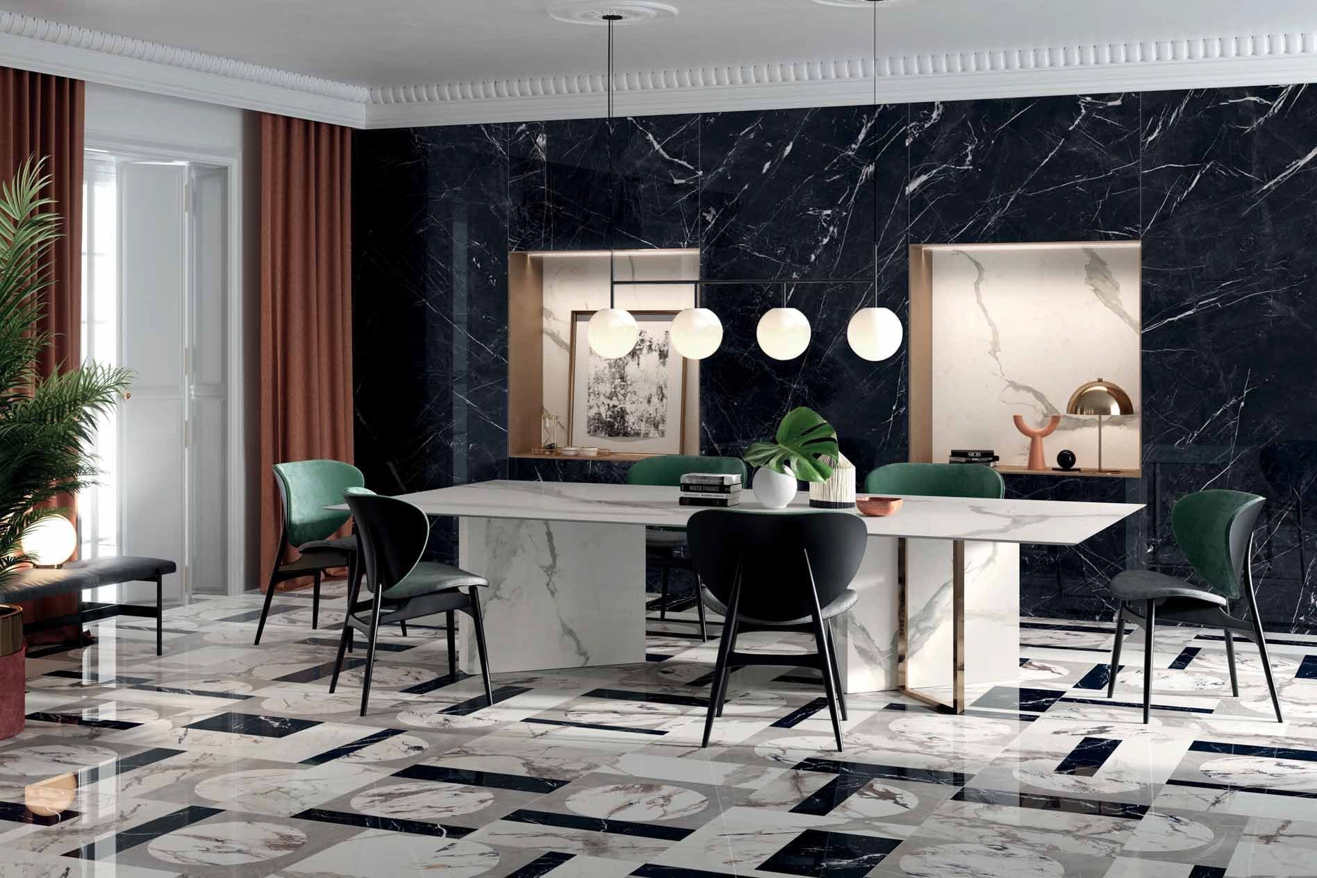 Dining chic în marmură dramatică | Inspirație Baie Modern