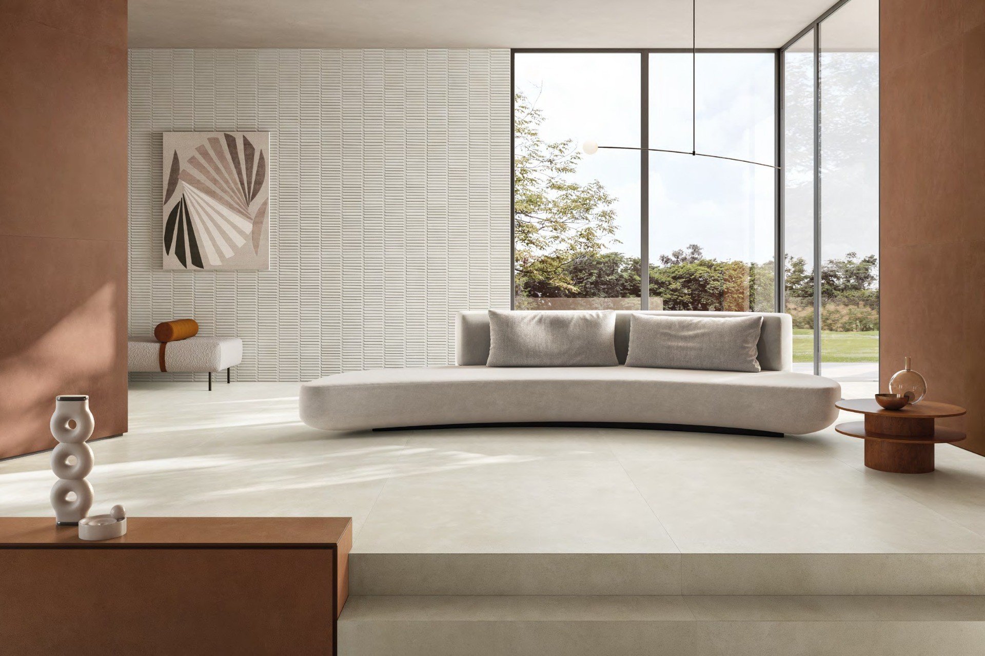 Living minimalist cu accente teracotă | Inspirație Baie Modern