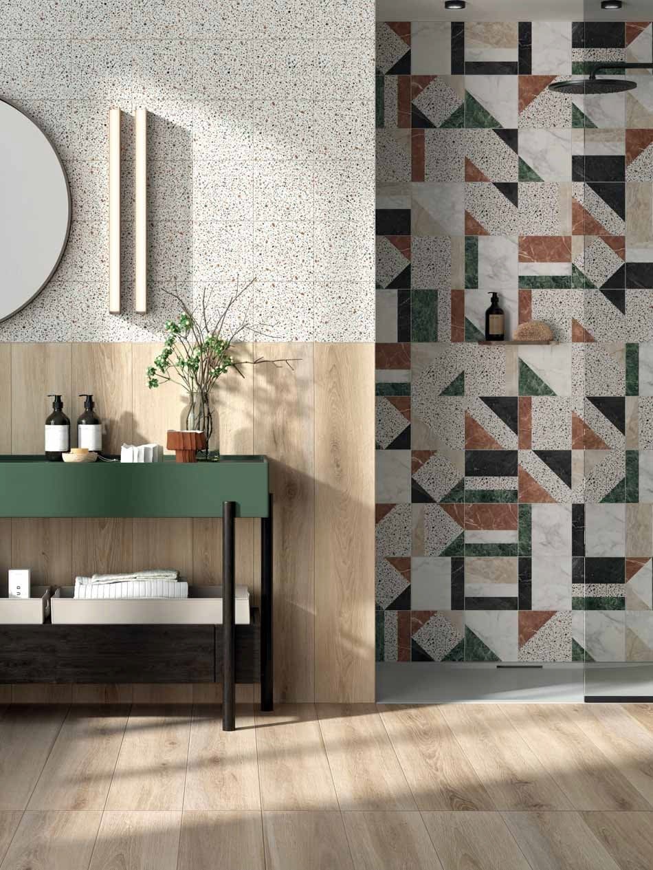 Baie eclectic-modernă cu terrazzo | Inspirație Baie Luxe