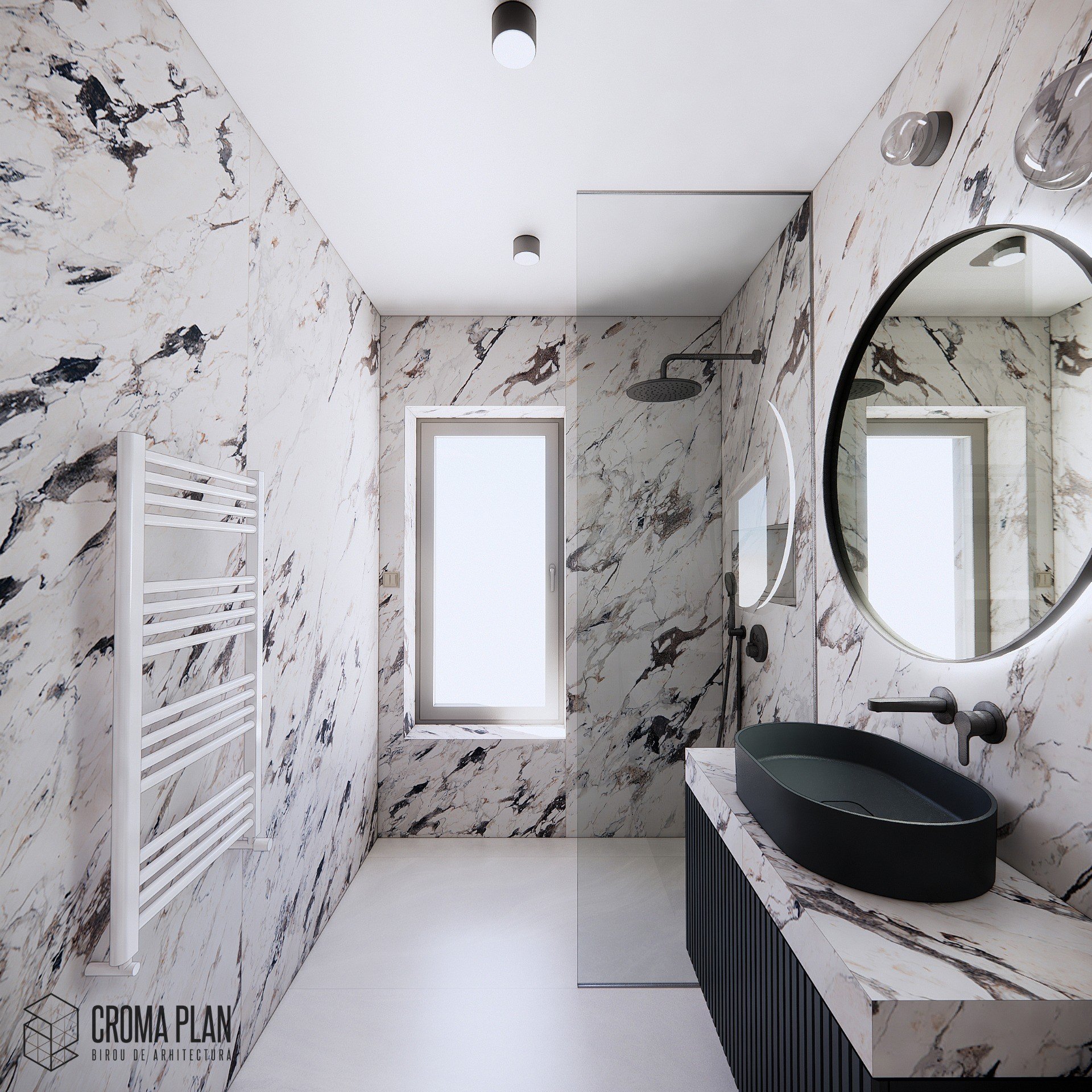 Baie modernă în marmură venată | Inspirație Baie Modern