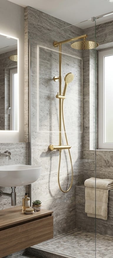 Duș modern cu accente aurii | Inspirație Baie Modern