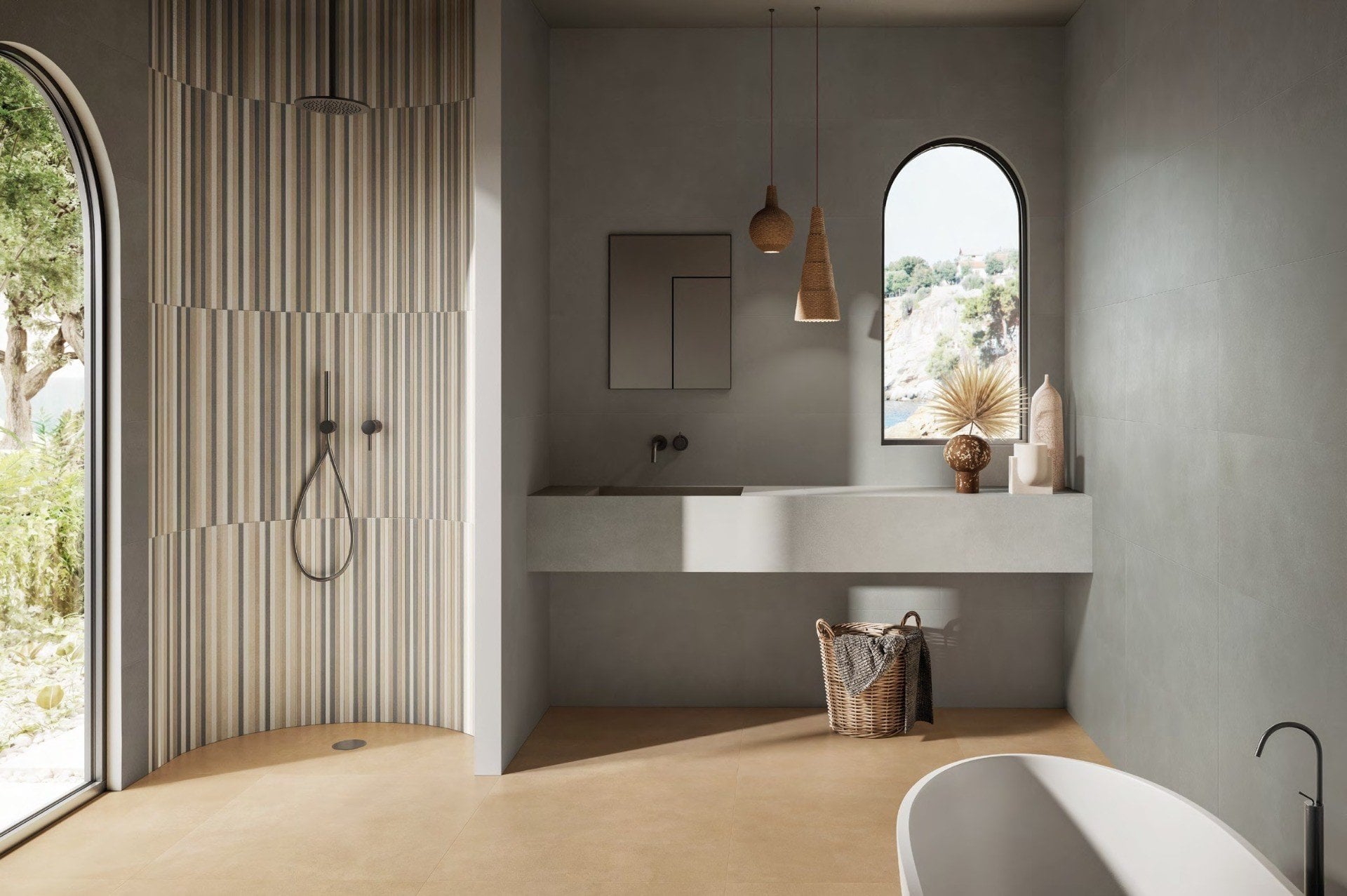 Baie mediteraneană cu lumină caldă | Inspirație Baie Modern