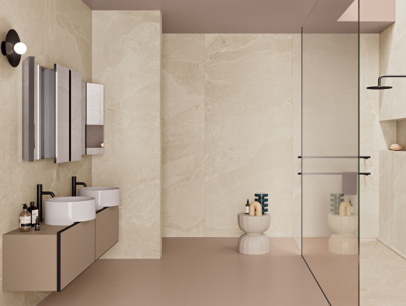 Baie modernă în tonuri calde | Inspirație Baie Minimalist