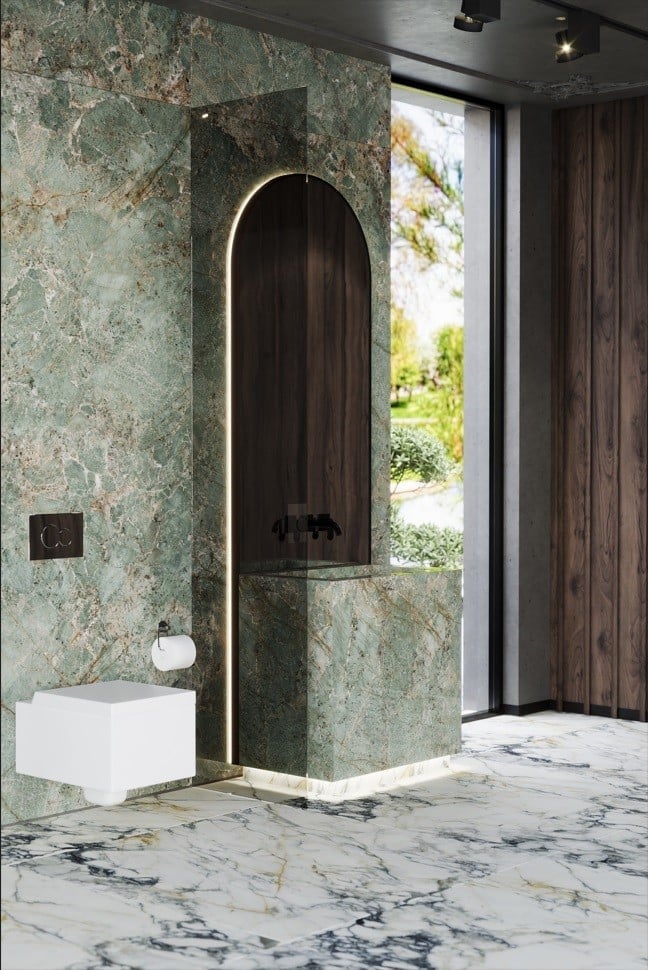 Baie luxuriantă cu marmură verde | Inspirație Baie Modern