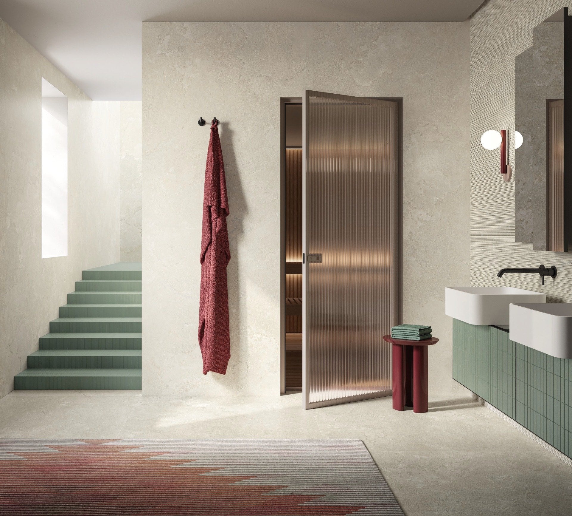 Baie modernă cu accente vibrante | Inspirație Baie Minimalist
