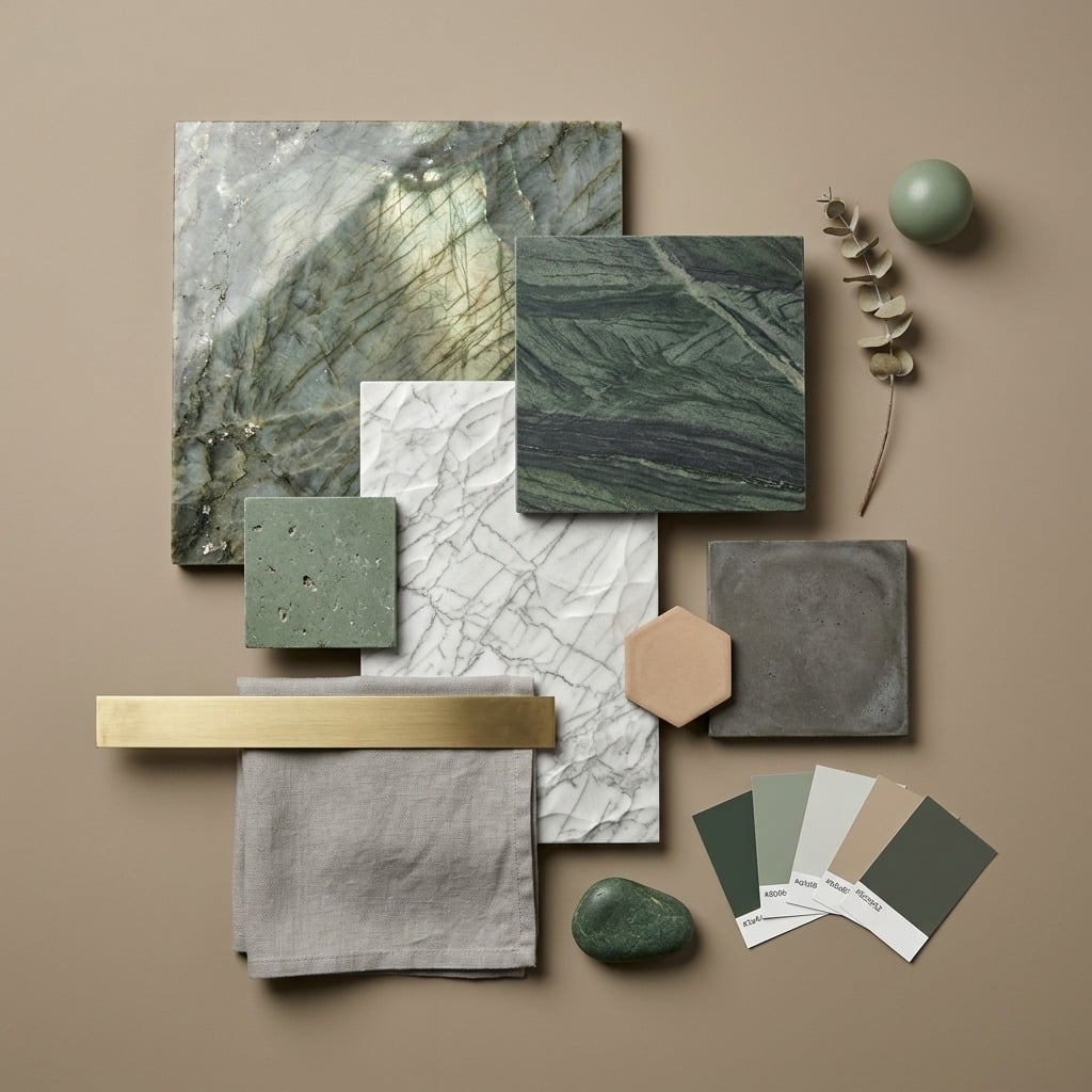 Moodboard Piatra Verde Sofisticată — inspirație design interior cu plăci ceramice