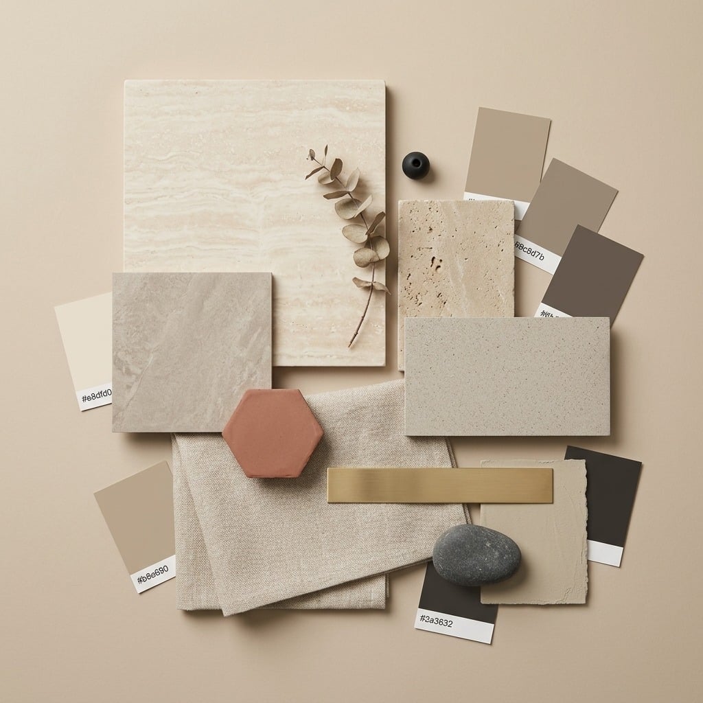 Moodboard Liniște de Piatră — inspirație design interior cu plăci ceramice
