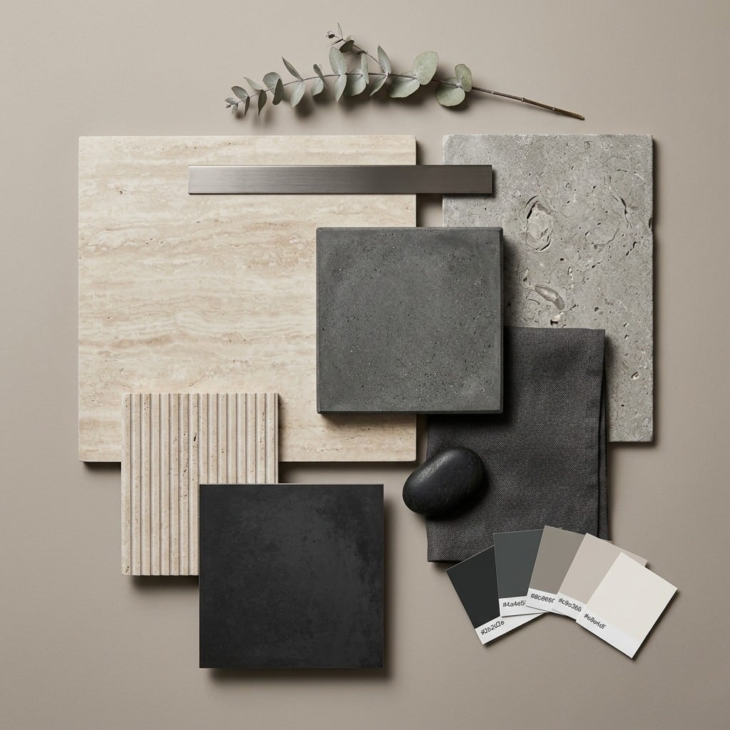 Moodboard Travertino Nero — inspirație design interior cu plăci ceramice