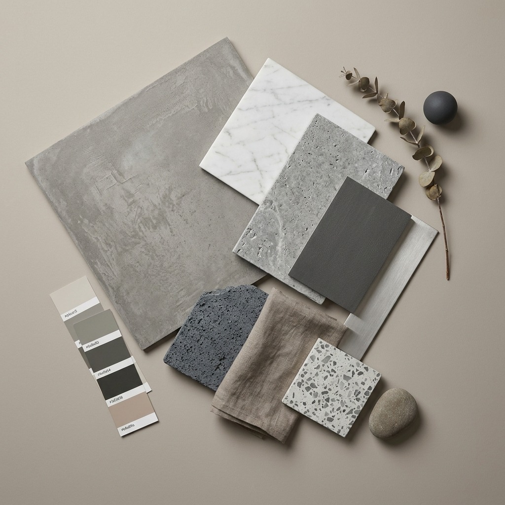 Moodboard Materia Cenușie — inspirație design interior cu plăci ceramice